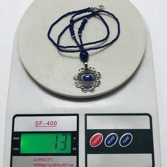 Blue Beaded Necklace with Silver Heart Lapis Pendant, Unique Beaded Necklace - Picture 9 of 11